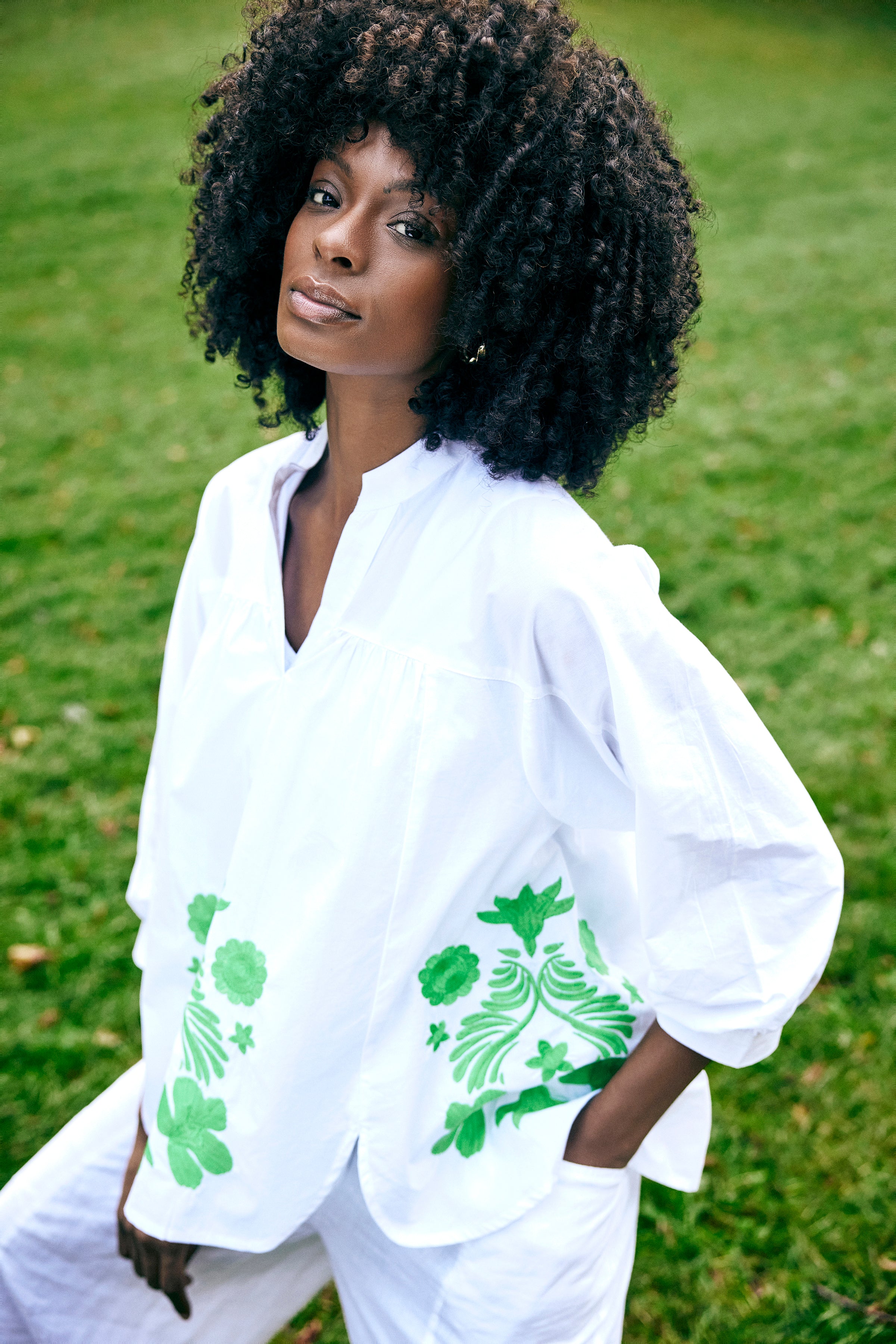 Puff sleeve flower Blouse - White/Green