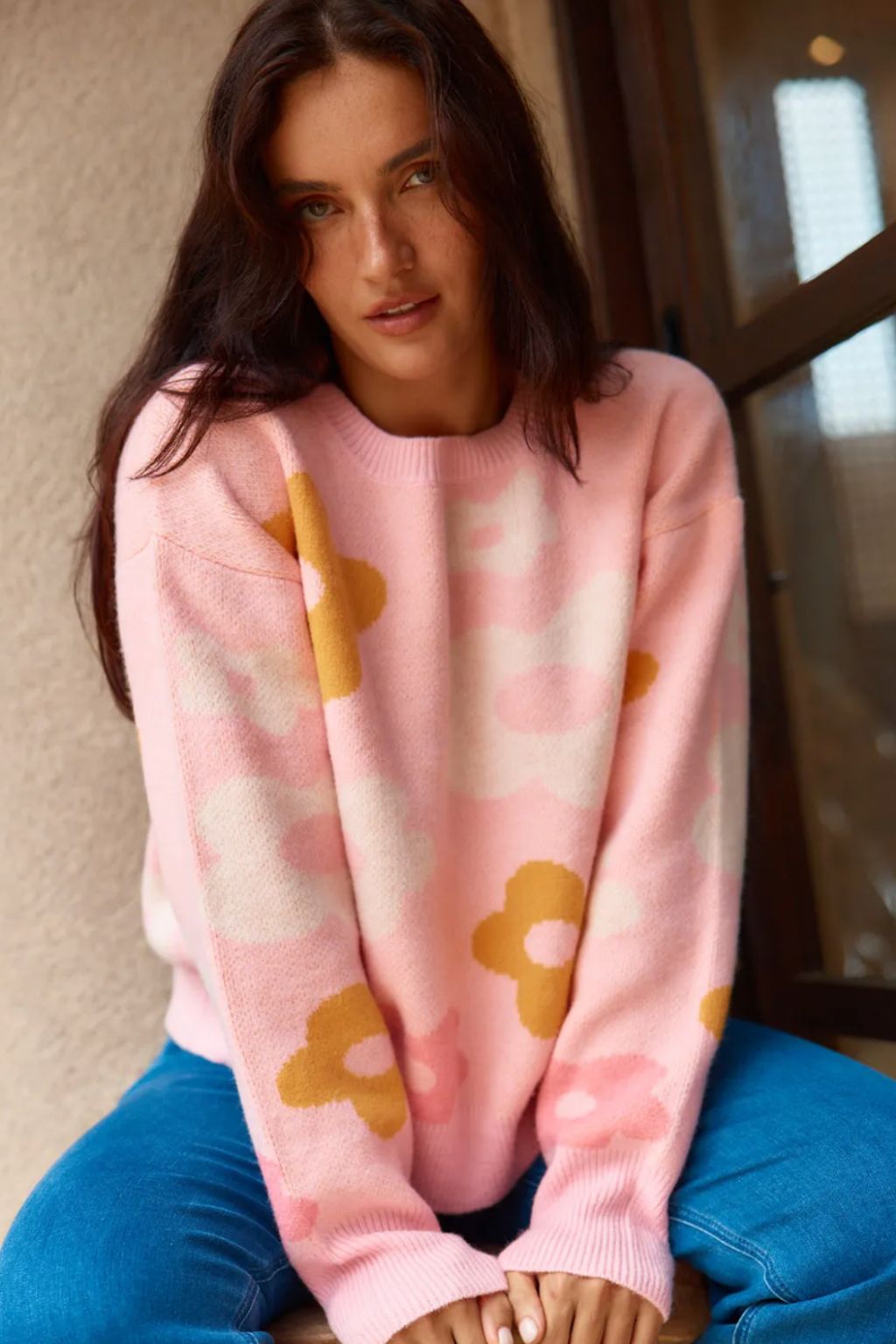 Leonie Knit Sweater - Pink Jacquard Flowers