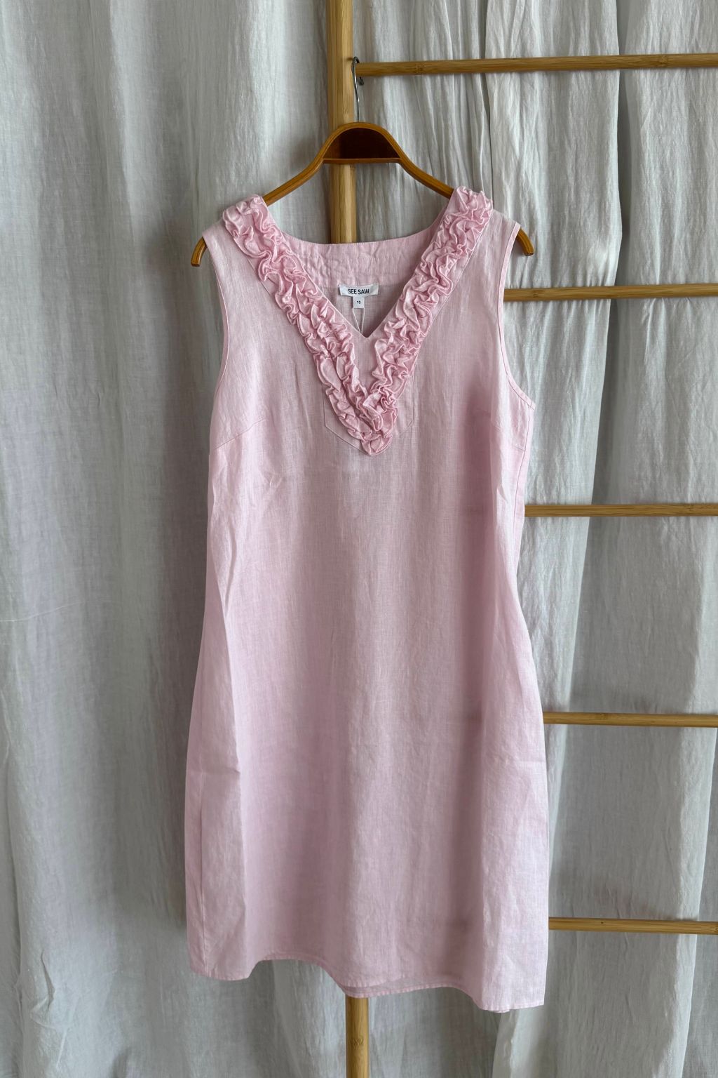 Linen Ruffle Front Dress - Pink