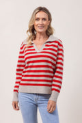 Rib Collared Stripe Jumper - Wheat/Red