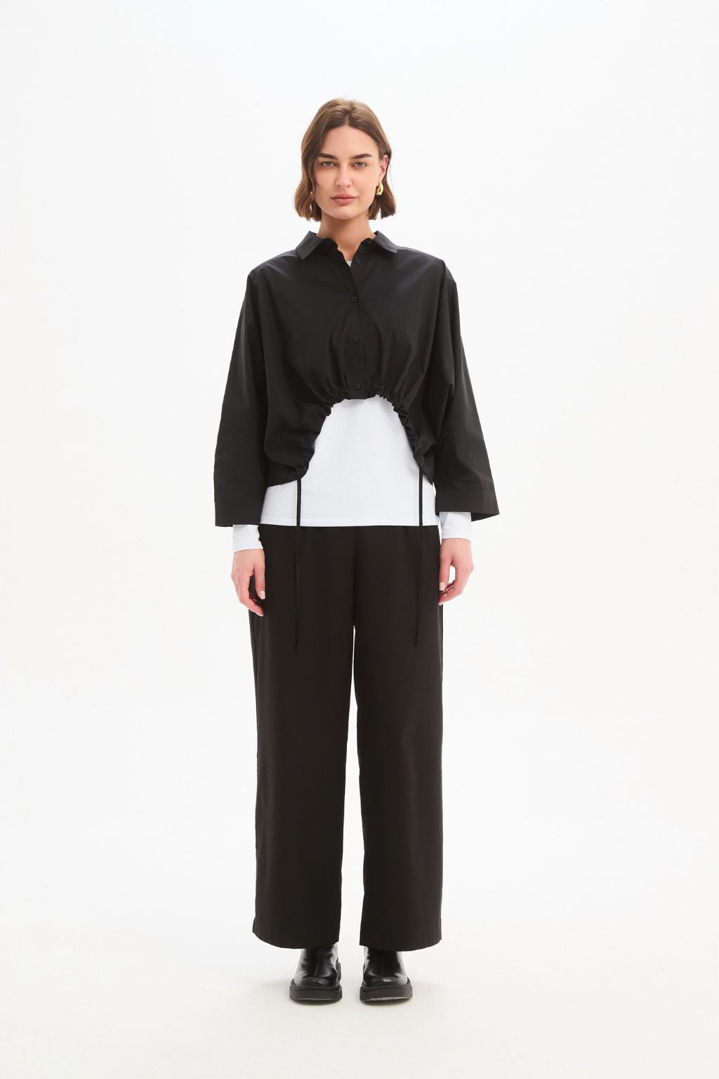 Wide Crop Poplin Overshirt - Black