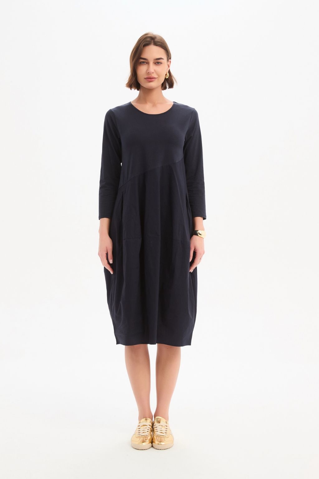 Diagonal Seam Combi Dress - Navy