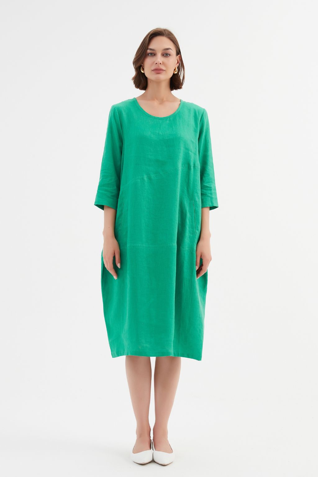 Diagonal Seam Linen Dress - Cool Green
