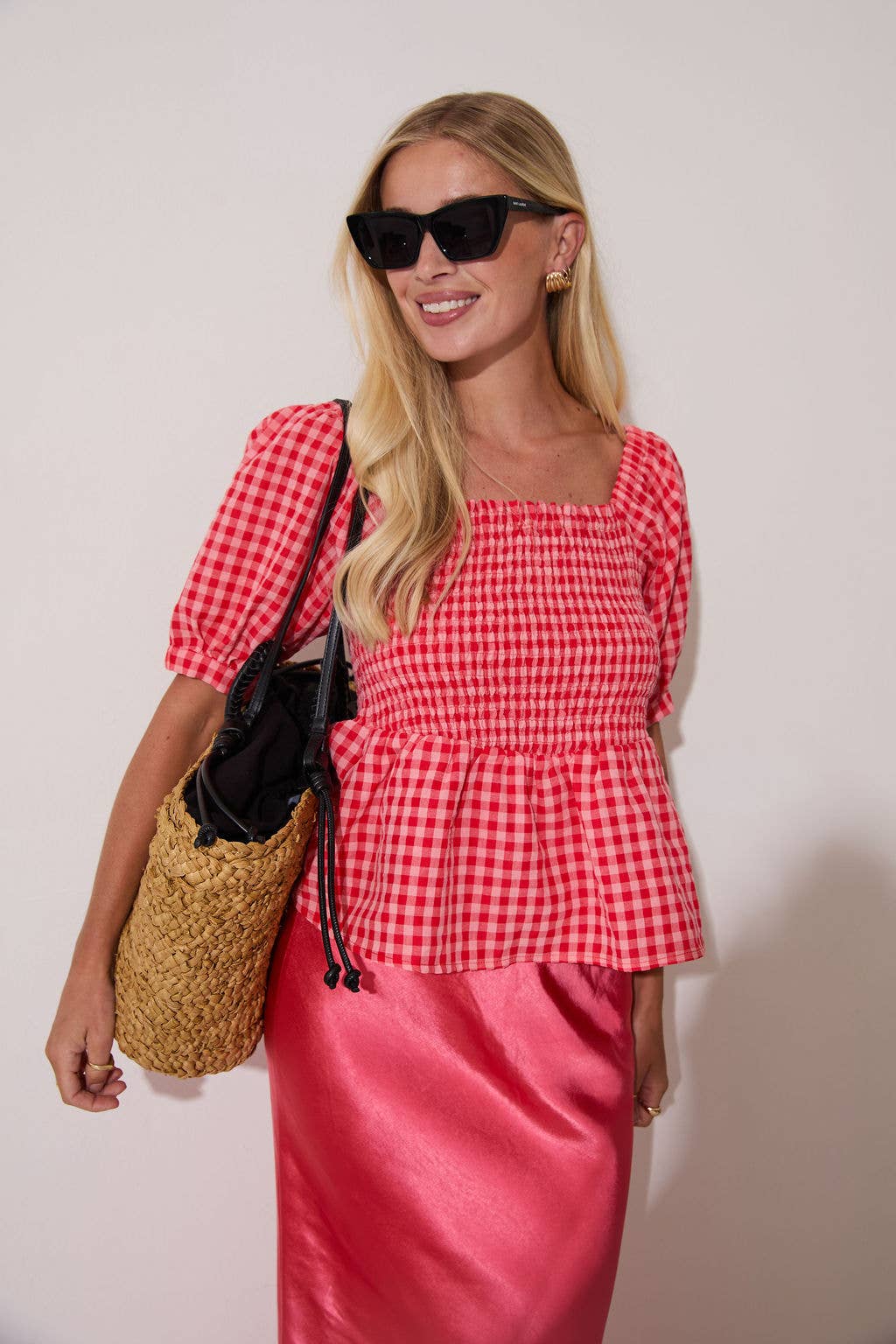 Lea Smocked Gingham Top: Red