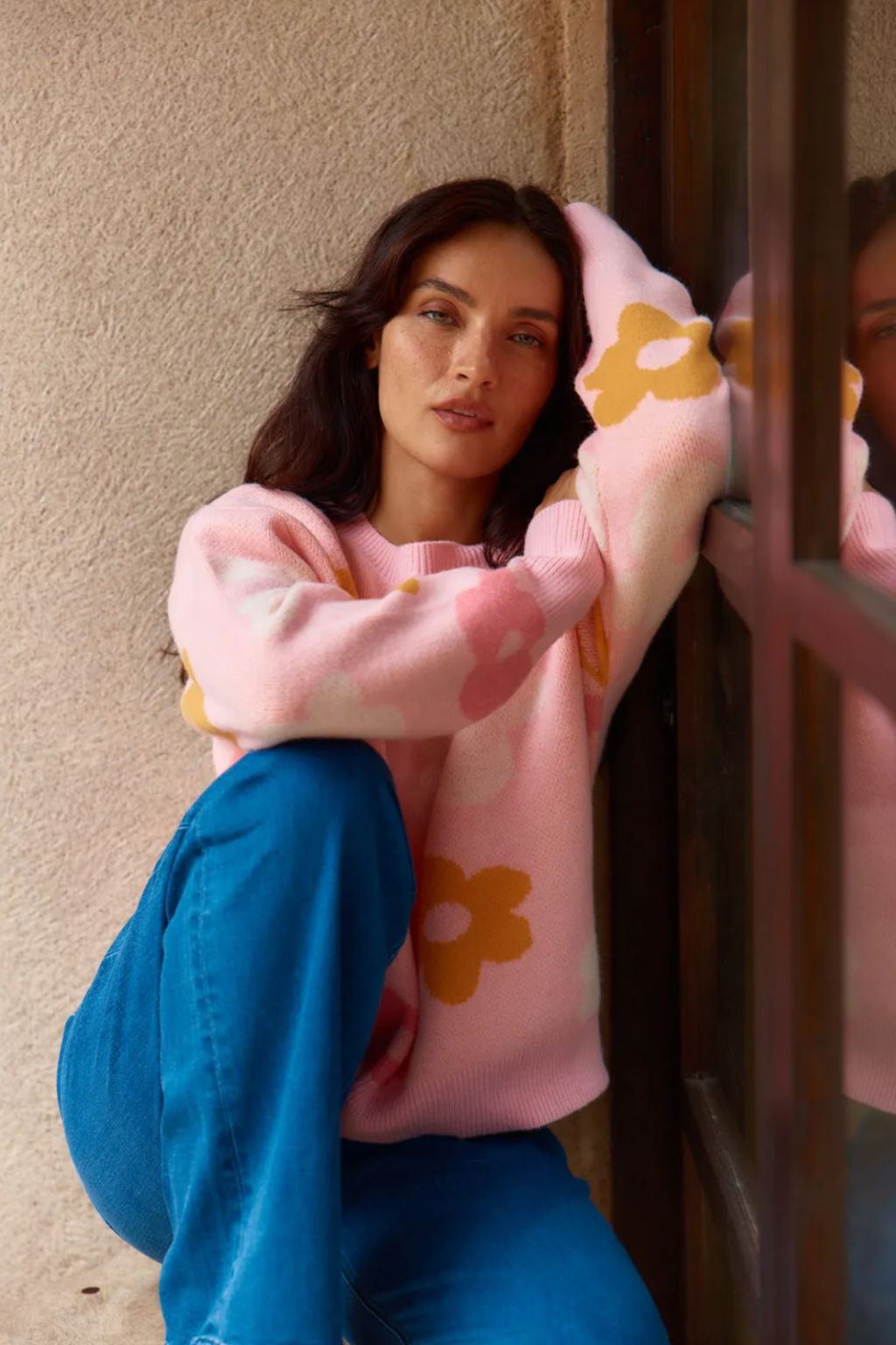 Leonie Knit Sweater - Pink Jacquard Flowers
