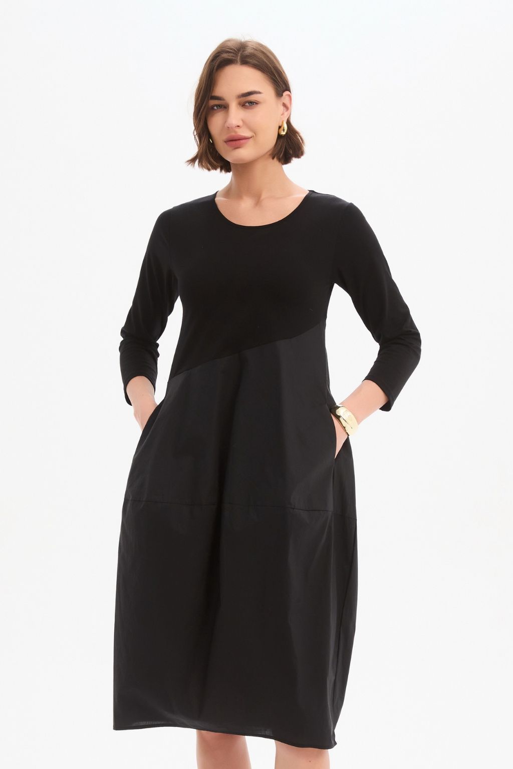 Diagonal Seam Combi Dress - Black