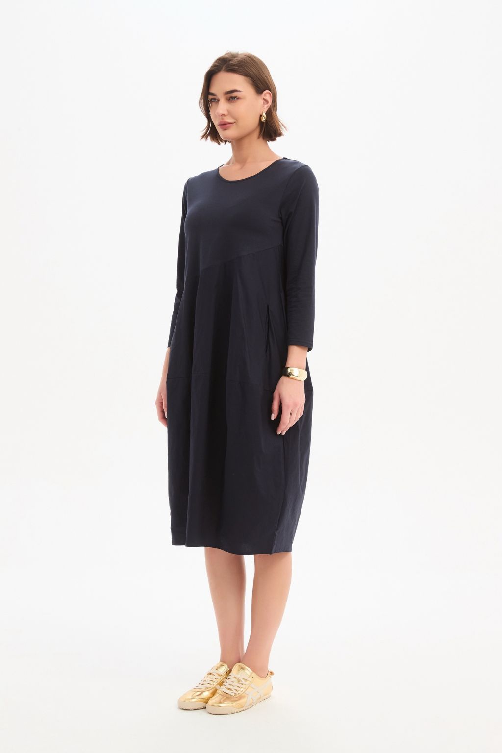 Diagonal Seam Combi Dress - Navy