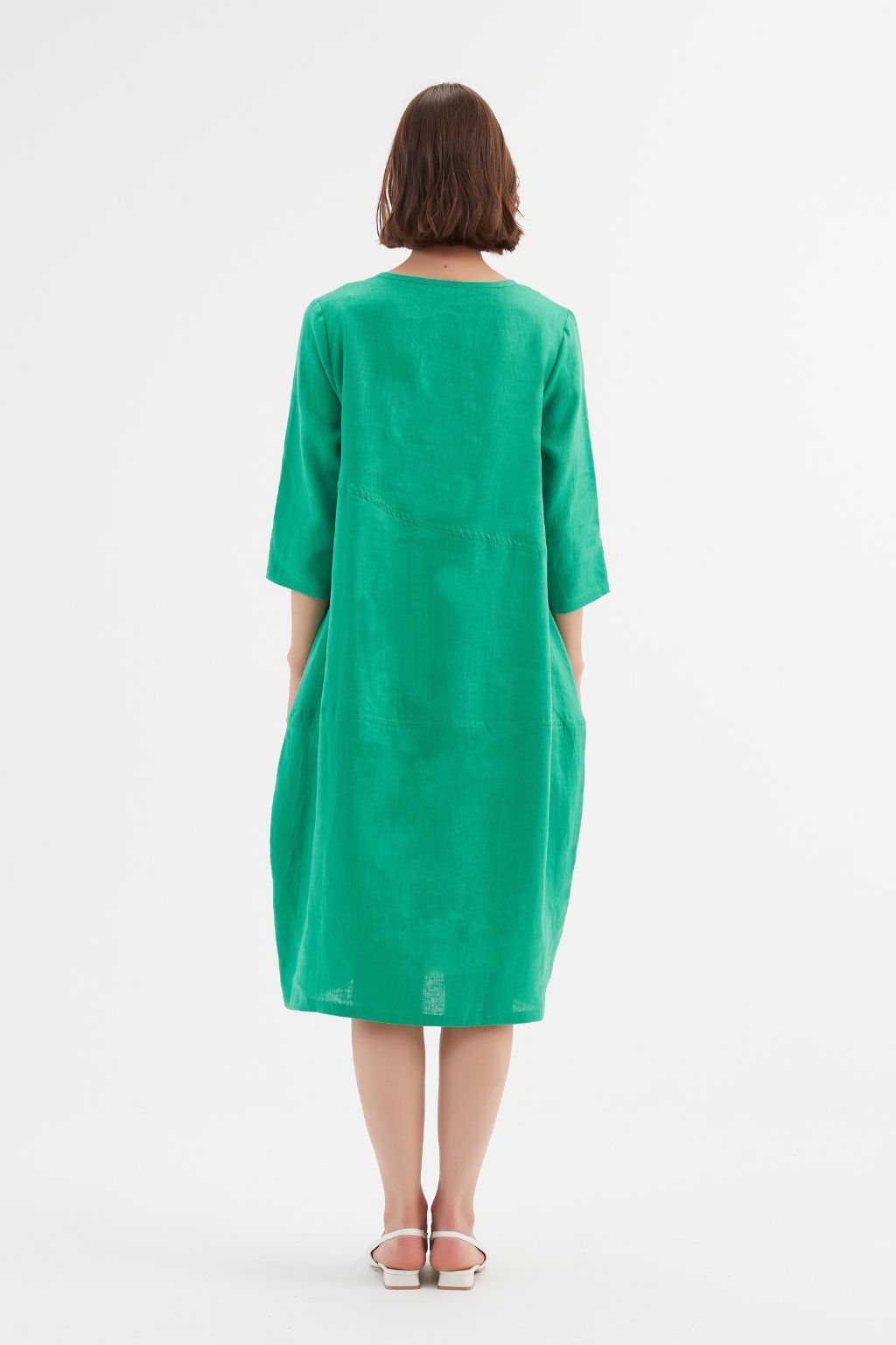 Diagonal Seam Linen Dress - Cool Green