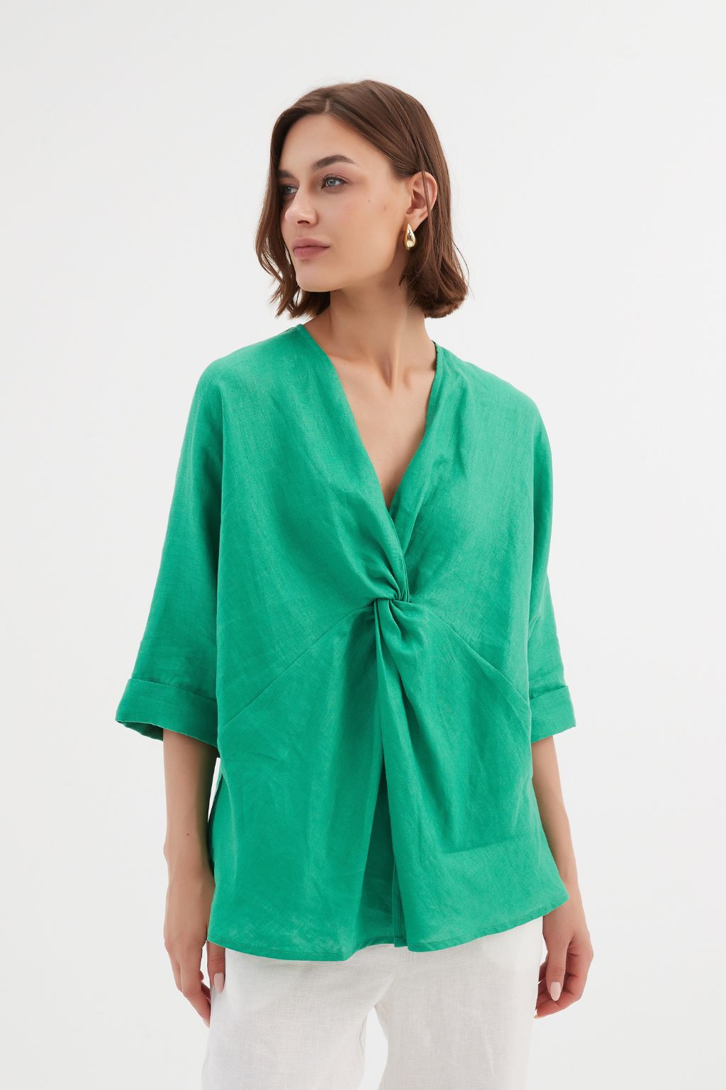 Twist Front Linen Top - Cool Green