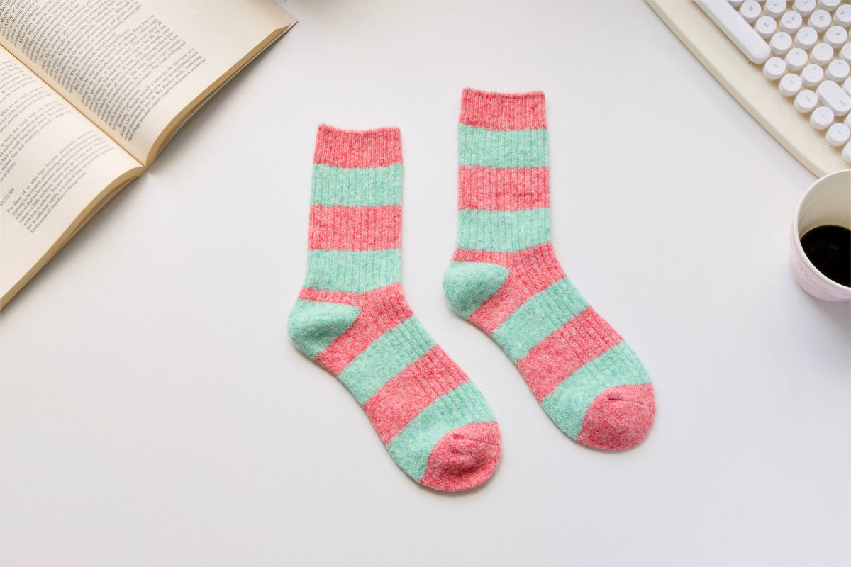 Warm Cashmere & Wool Blend Socks – Striped Winter Style: Yellow/Purple