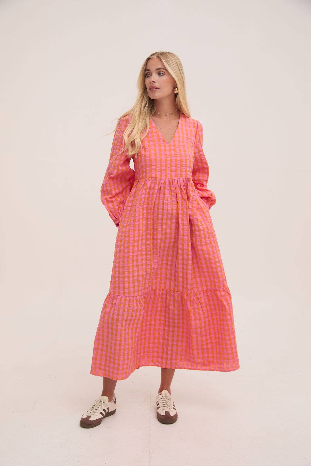 Lina Orange & Pink Gingham Dress: Orange