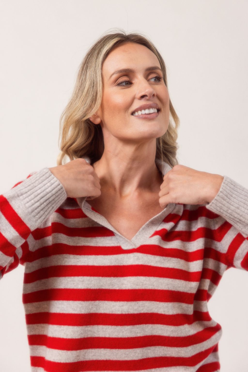 Rib Collared Stripe Jumper - Wheat/Red