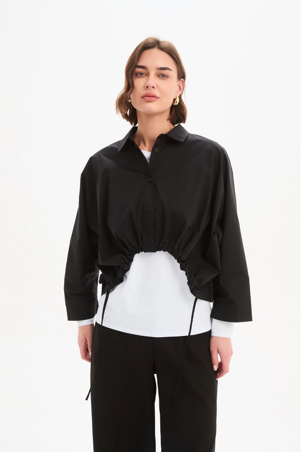 Wide Crop Poplin Overshirt - Black