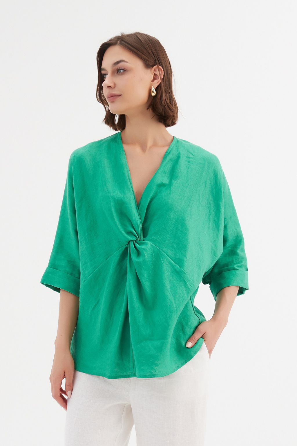 Twist Front Linen Top - Cool Green