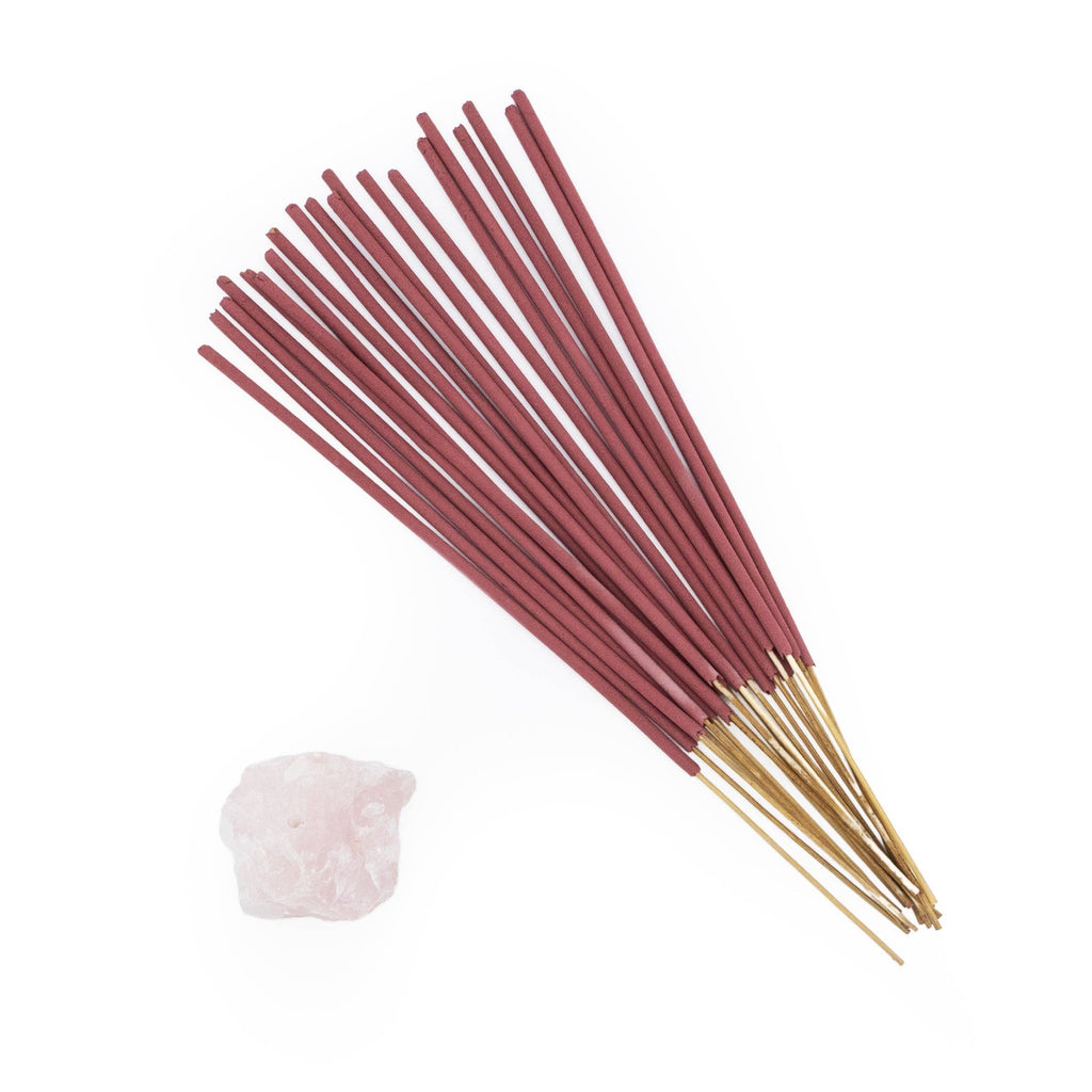 Love Incense and Crystal Holder - Rose & Patchouli Scent with Rose Quartz Crystal