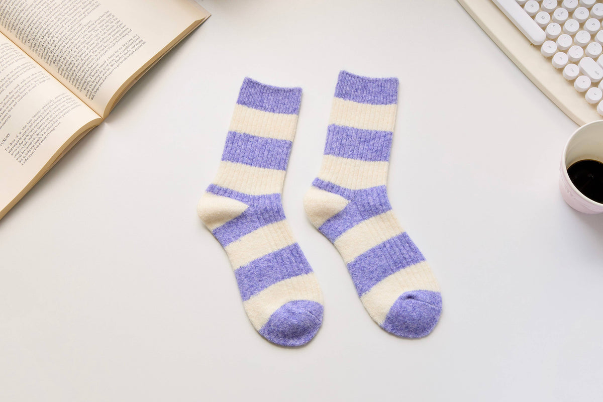 Warm Cashmere & Wool Blend Socks – Striped Winter Style: Brown/Grey
