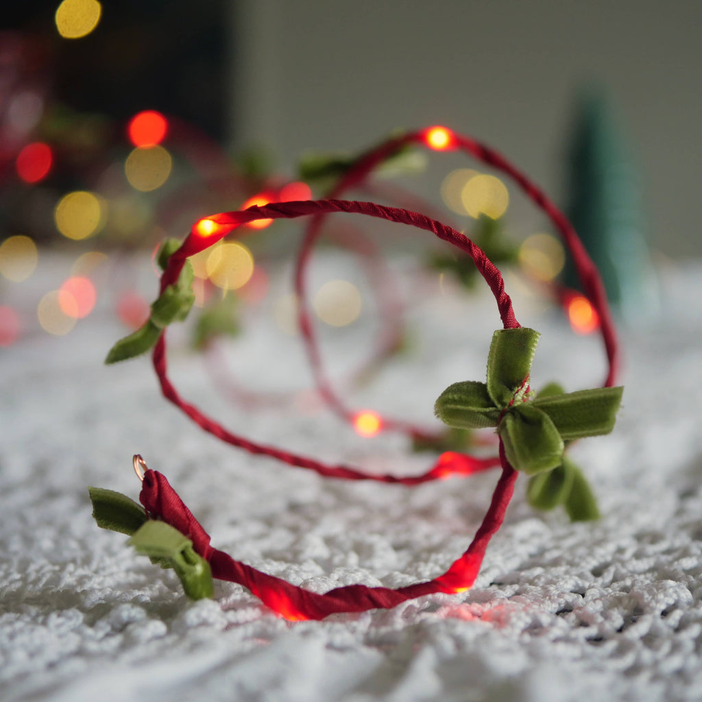 Handmade Velvet Bow Fairy Lights: Green Velvet Bow / 2m (Battery)