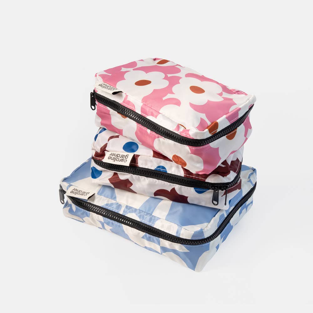 Blue Checkmate Heart/Flowers Set of 3 Small Packing Cubes
