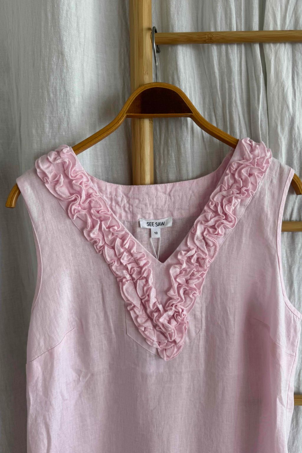 Linen Ruffle Front Dress - Pink
