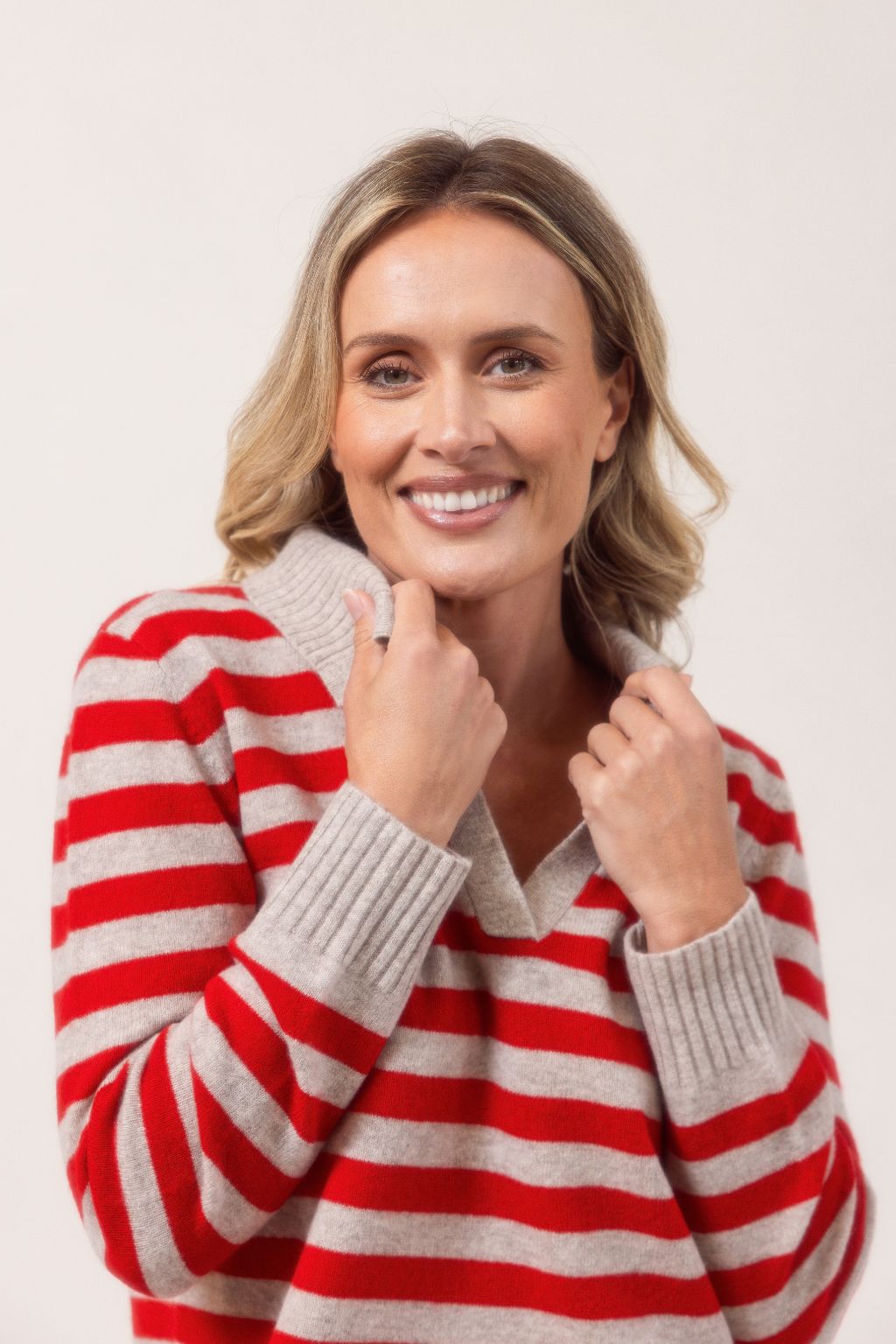 Rib Collared Stripe Jumper - Wheat/Red