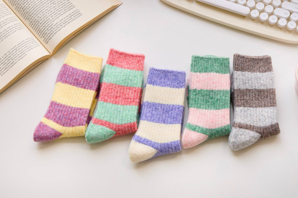 Warm Cashmere & Wool Blend Socks – Striped Winter Style: Brown/Grey