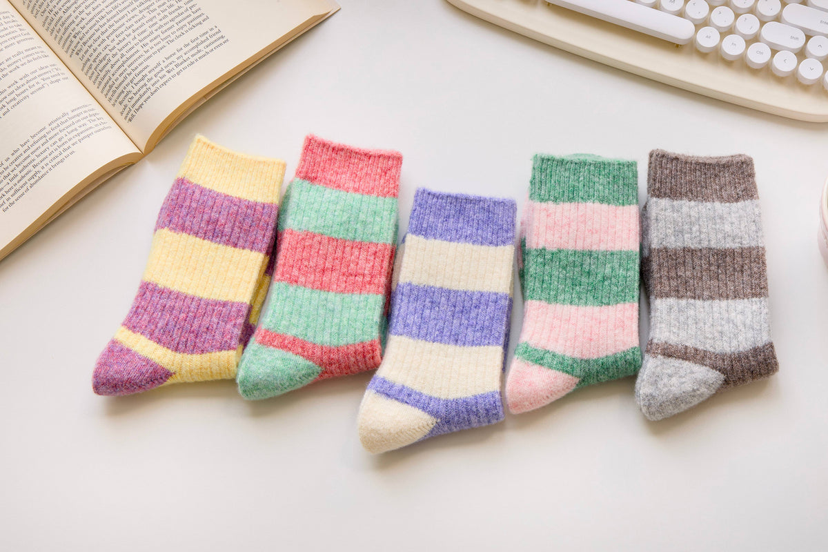 Warm Cashmere & Wool Blend Socks – Striped Winter Style: Blue/Cream