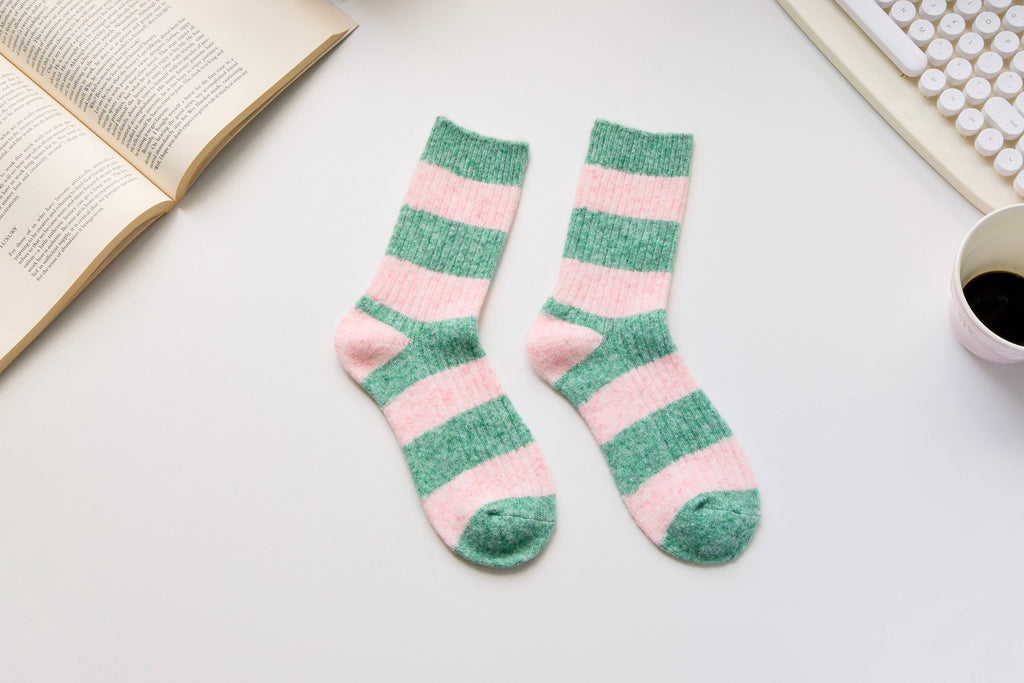 Warm Cashmere & Wool Blend Socks – Striped Winter Style: Yellow/Purple