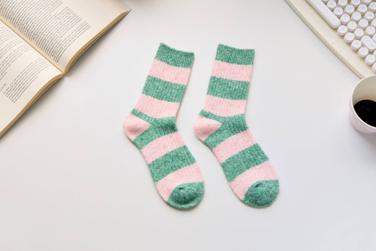 Warm Cashmere & Wool Blend Socks – Striped Winter Style: Brown/Grey