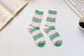 Warm Cashmere & Wool Blend Socks – Striped Winter Style: Green/Pink