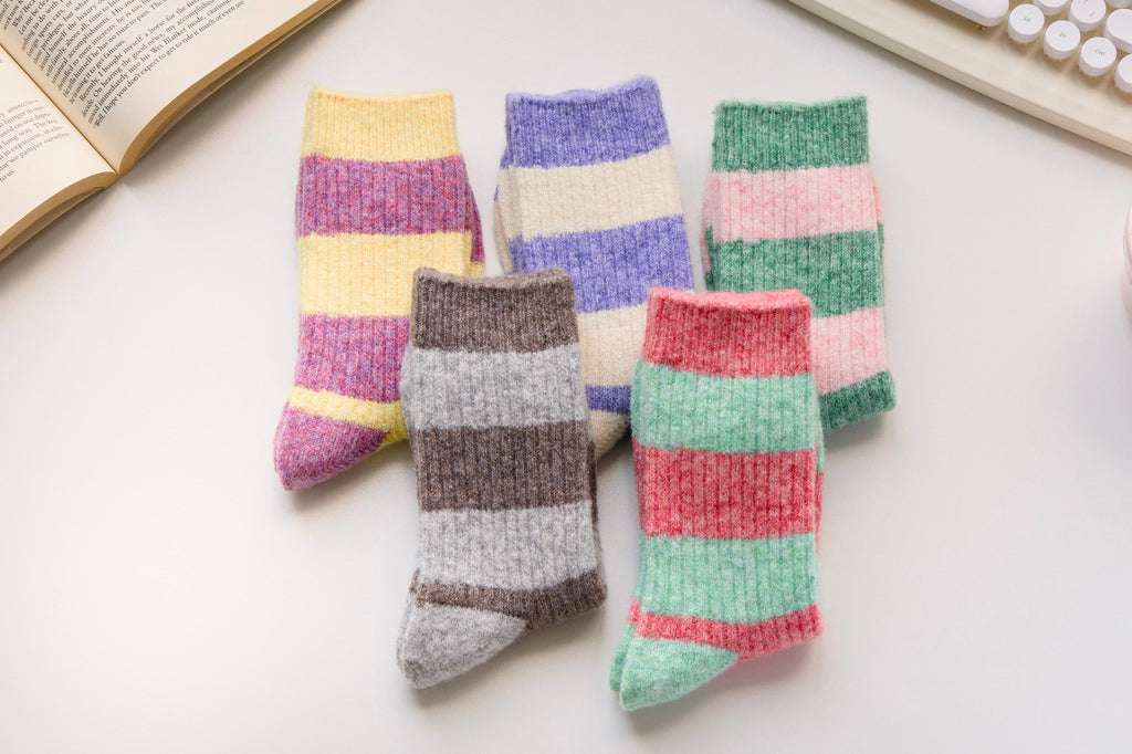 Warm Cashmere & Wool Blend Socks – Striped Winter Style: Green/Pink