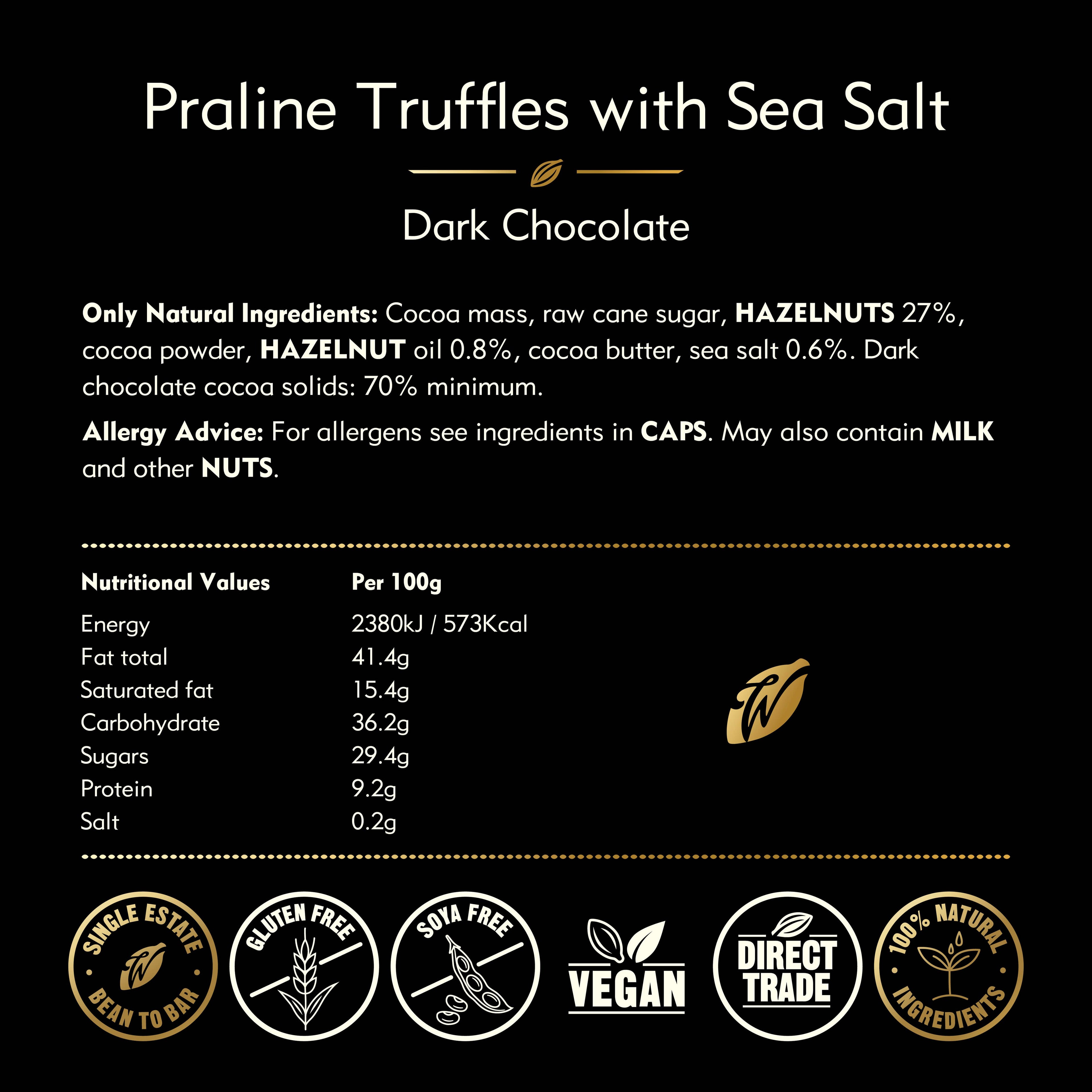 Dark Chocolate Praline Truffles w. Sea Salt. Vegan. x16 110g