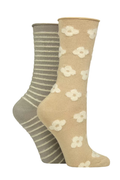 Womens Bamboo Feather Striped Socks 2-Pair - Classic Beige