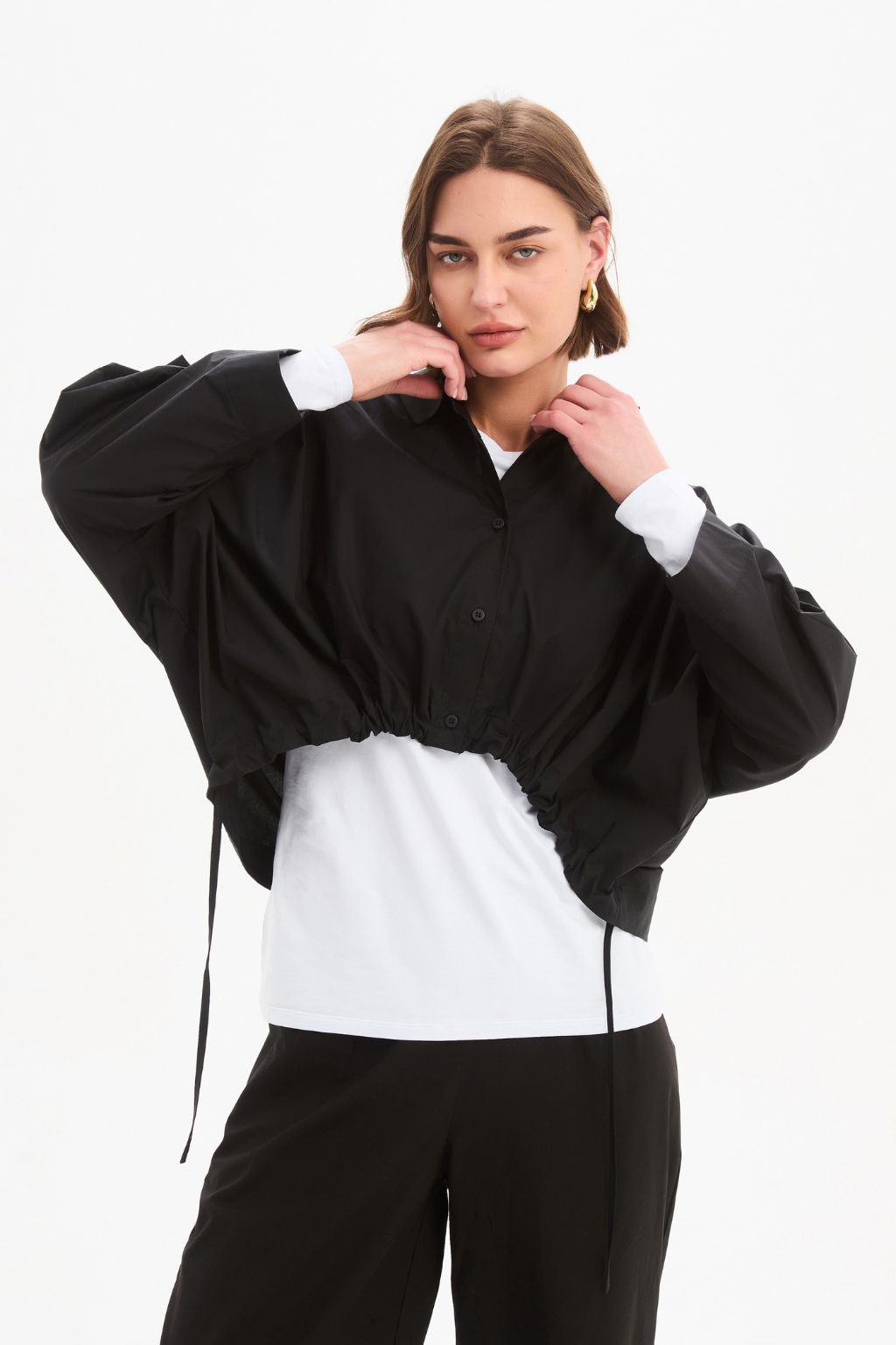Wide Crop Poplin Overshirt - Black