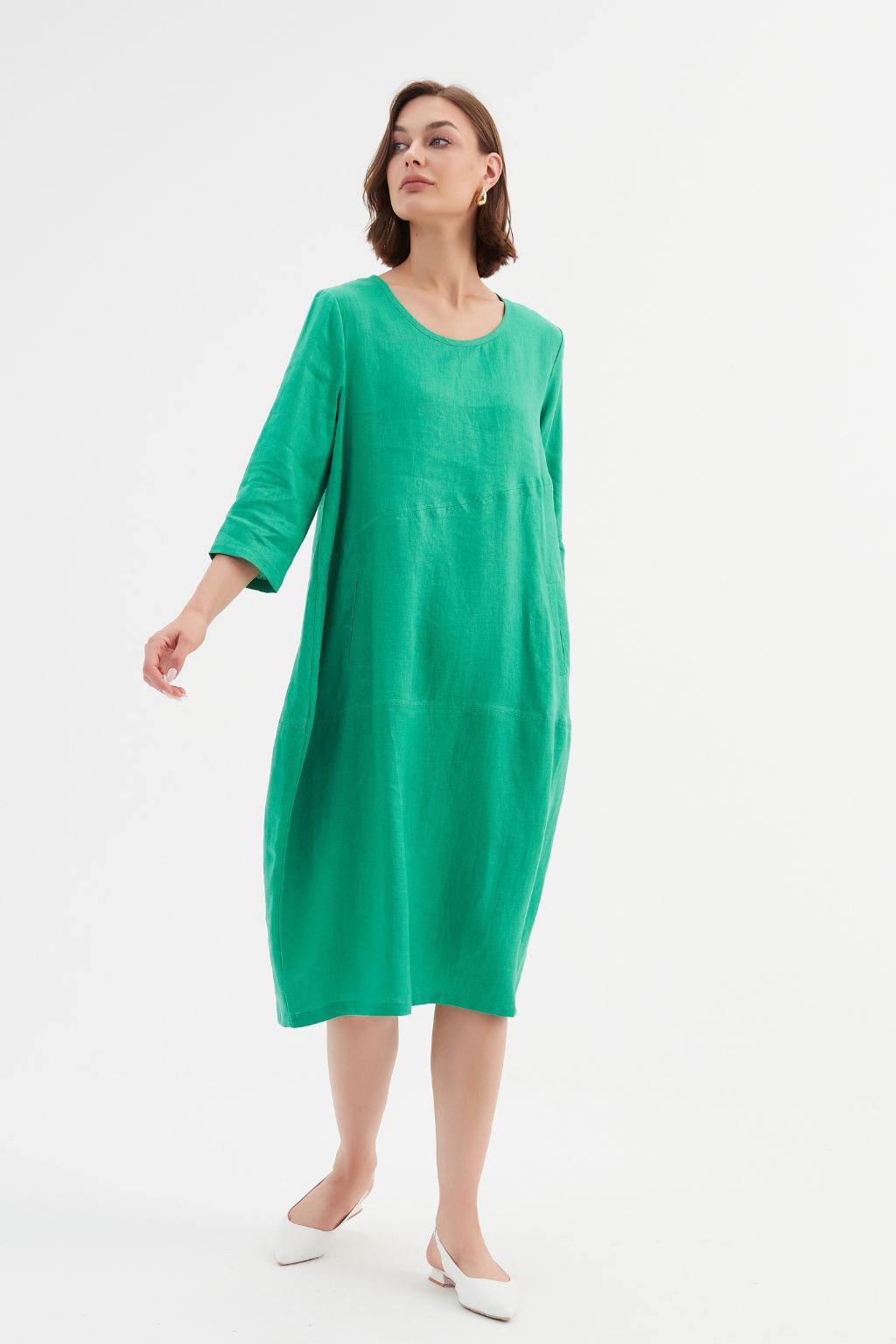 Diagonal Seam Linen Dress - Cool Green