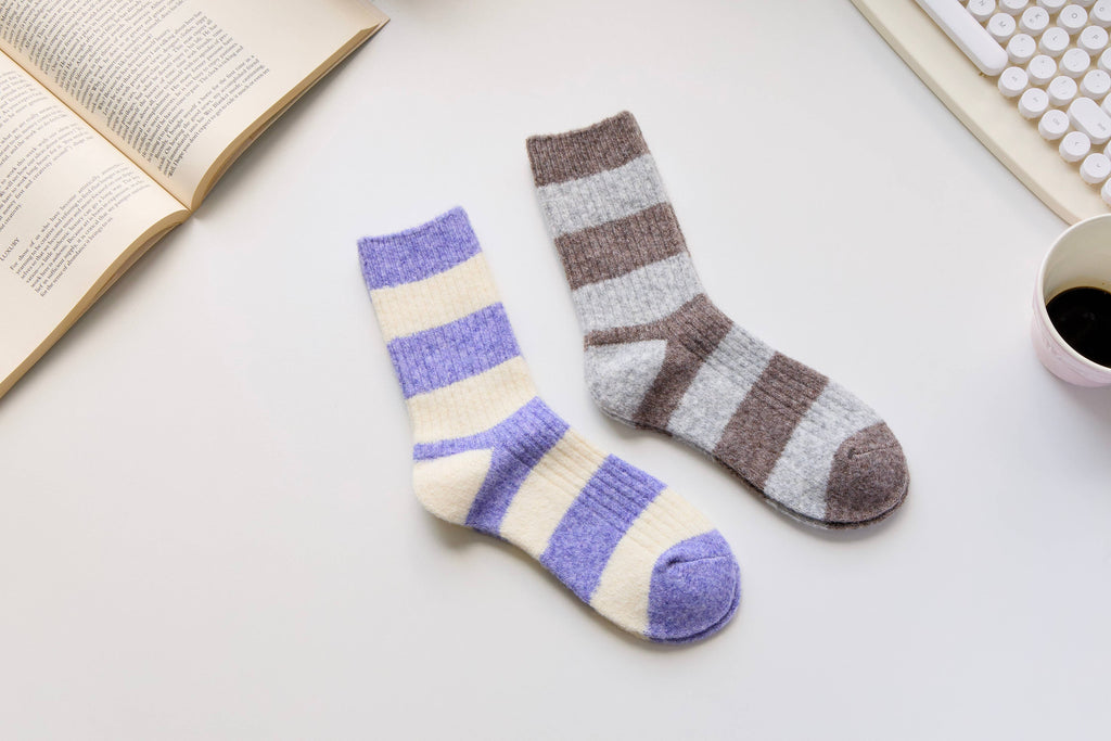 Warm Cashmere & Wool Blend Socks – Striped Winter Style: Yellow/Purple