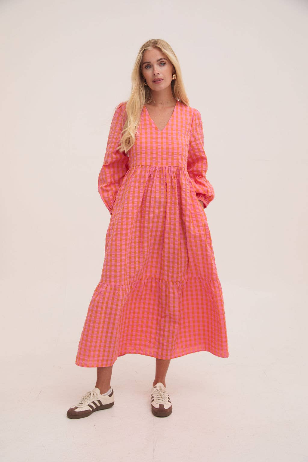 Lina Orange & Pink Gingham Dress: Orange