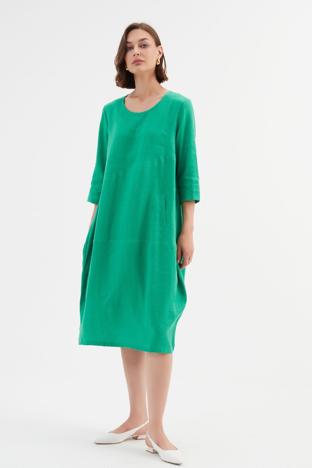 Diagonal Seam Linen Dress - Cool Green