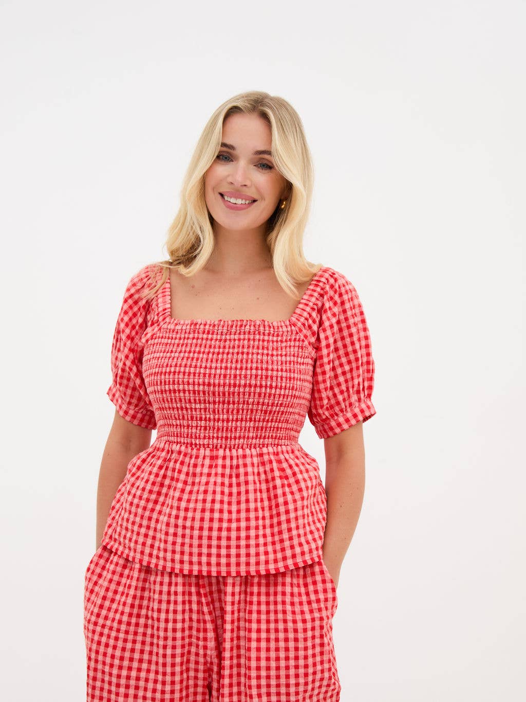 Lea Smocked Gingham Top: Red