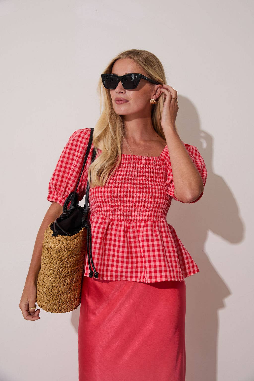 Lea Smocked Gingham Top: Red