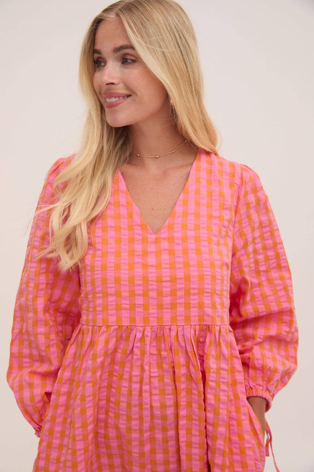 Lina Orange & Pink Gingham Dress: Orange