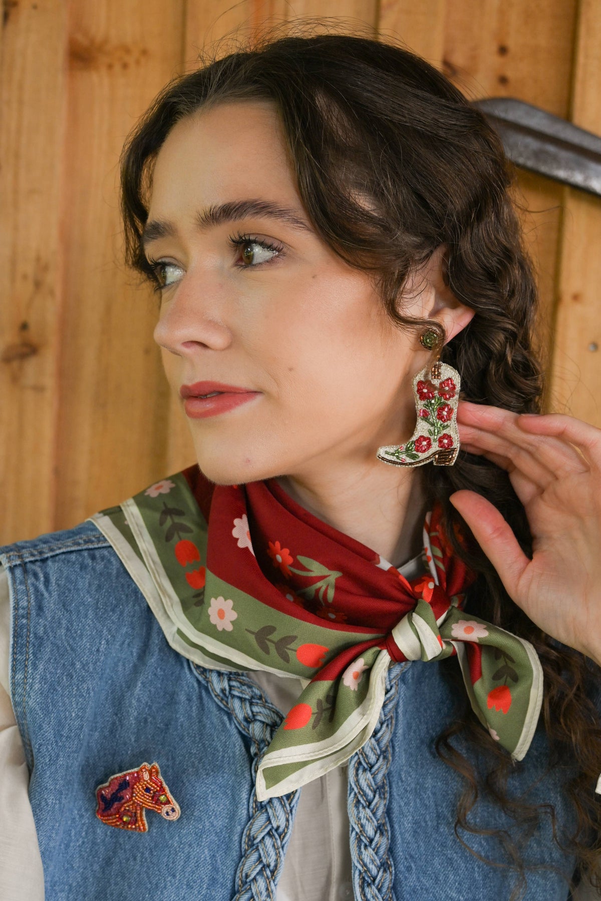 CREAM COWGIRL BOOT BEADED EARRINGS