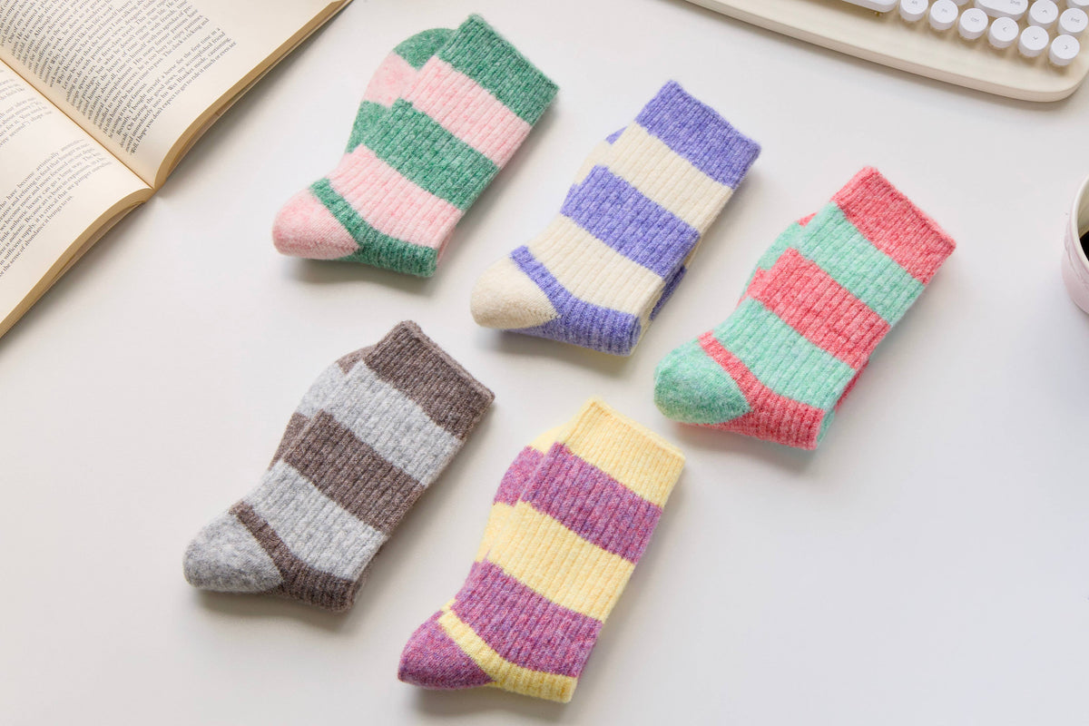 Warm Cashmere & Wool Blend Socks – Striped Winter Style: Yellow/Purple