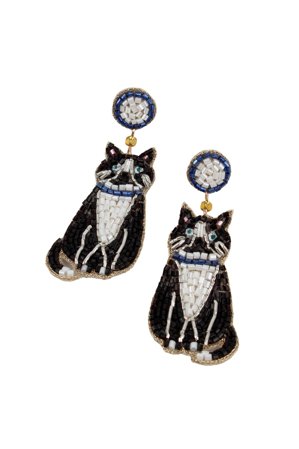 BLACK AND WHITE CAT WITH COLLAR BEADED EARRINGS