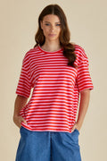 Relax Boxy Tee - Pink/Red Stripe