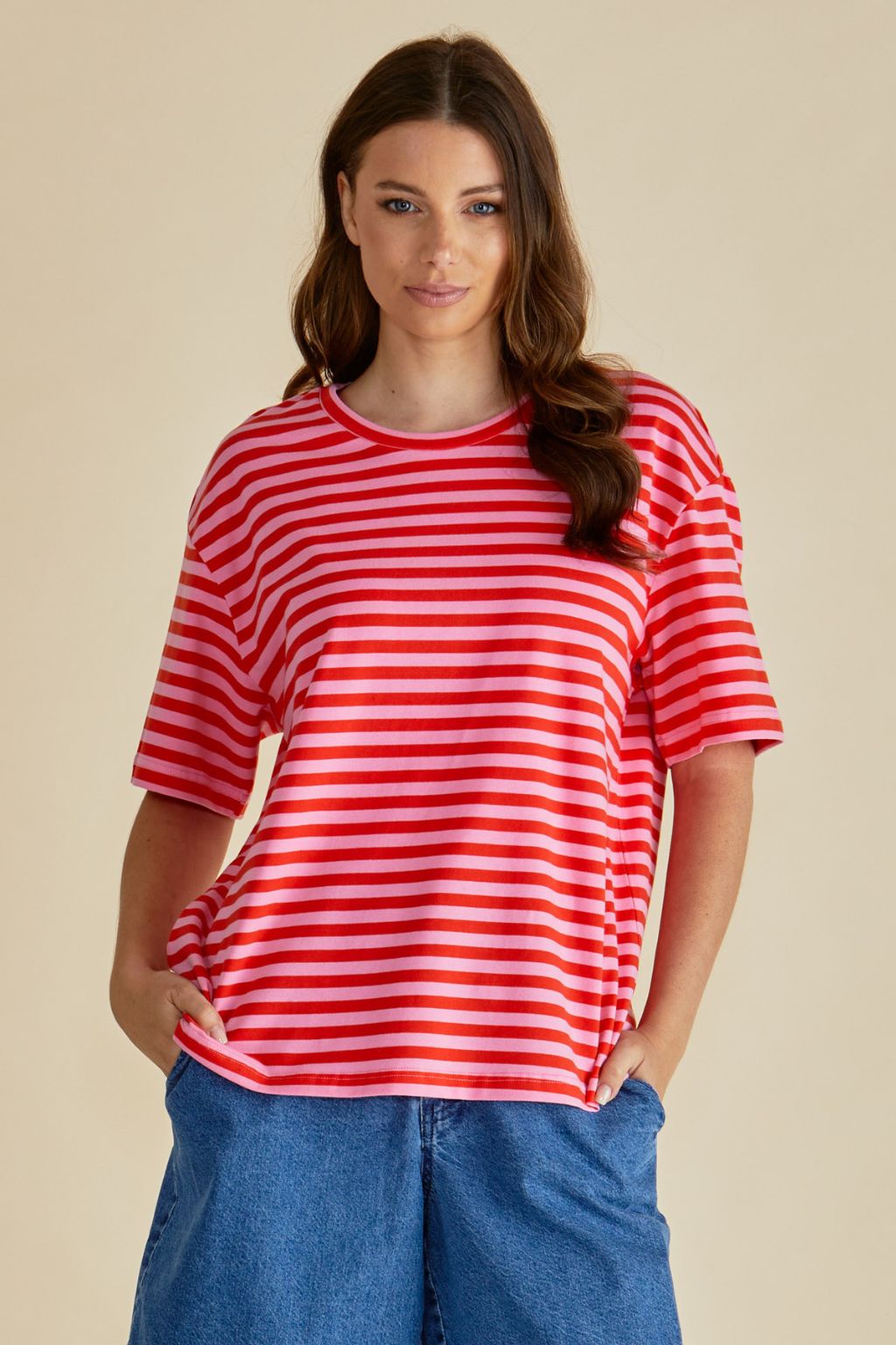 Relax Boxy Tee - Pink/Red Stripe