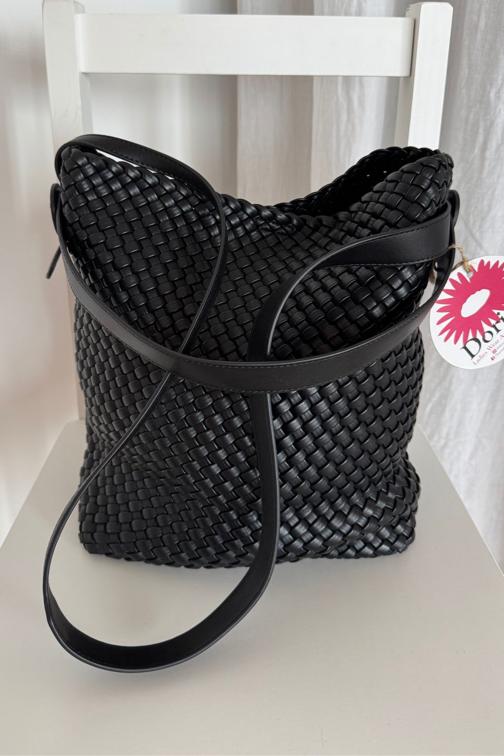 Woven Tote Bag with Matching Pouch - Black
