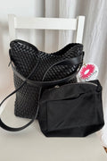 Woven Tote Bag with Matching Pouch - Black