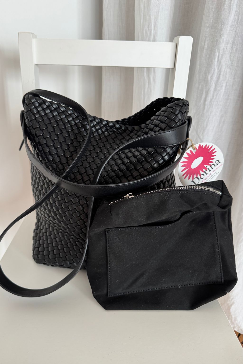 Woven Tote Bag with Matching Pouch - Black