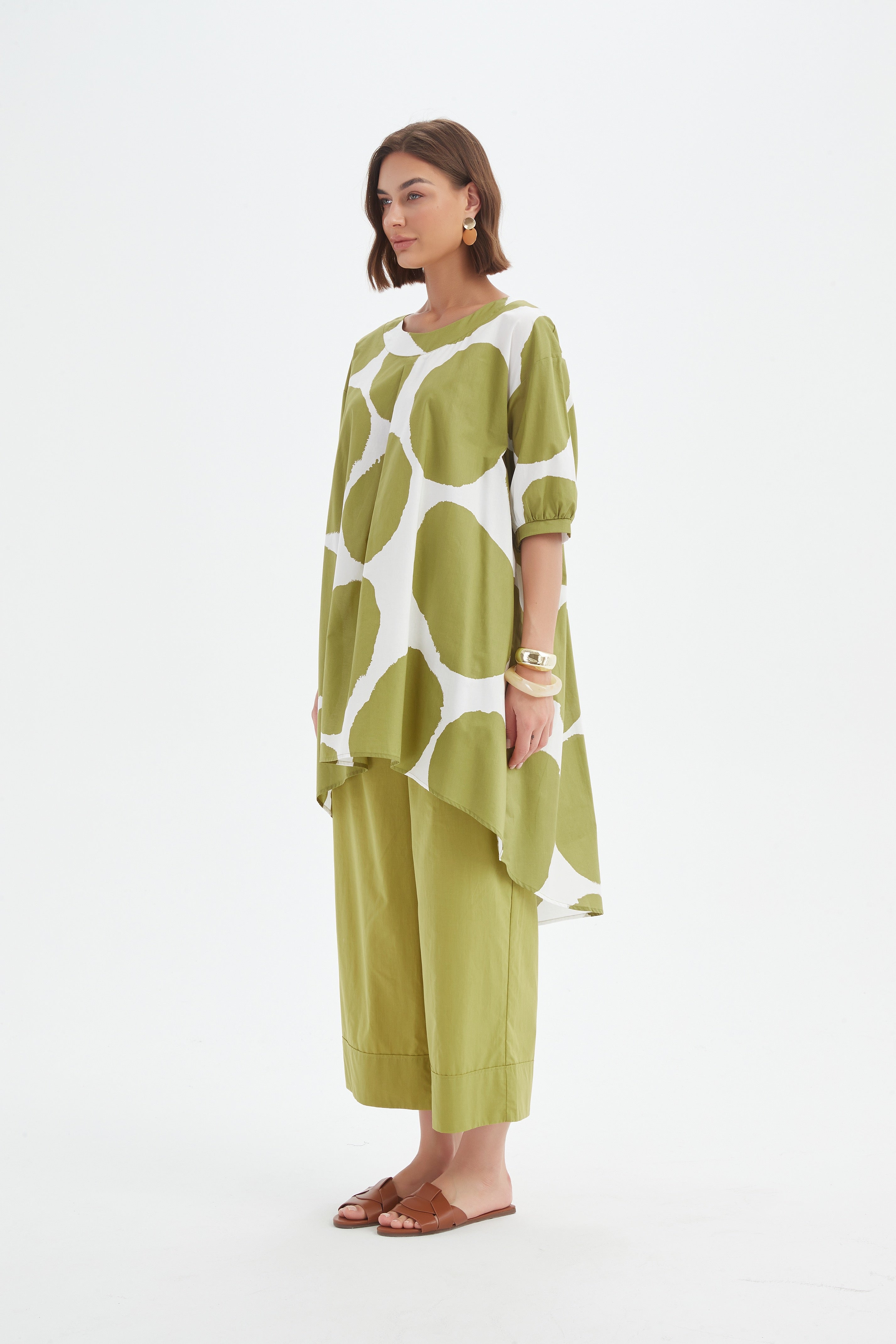 Pleat Front Print Tunic - Chartreuse/White Spot