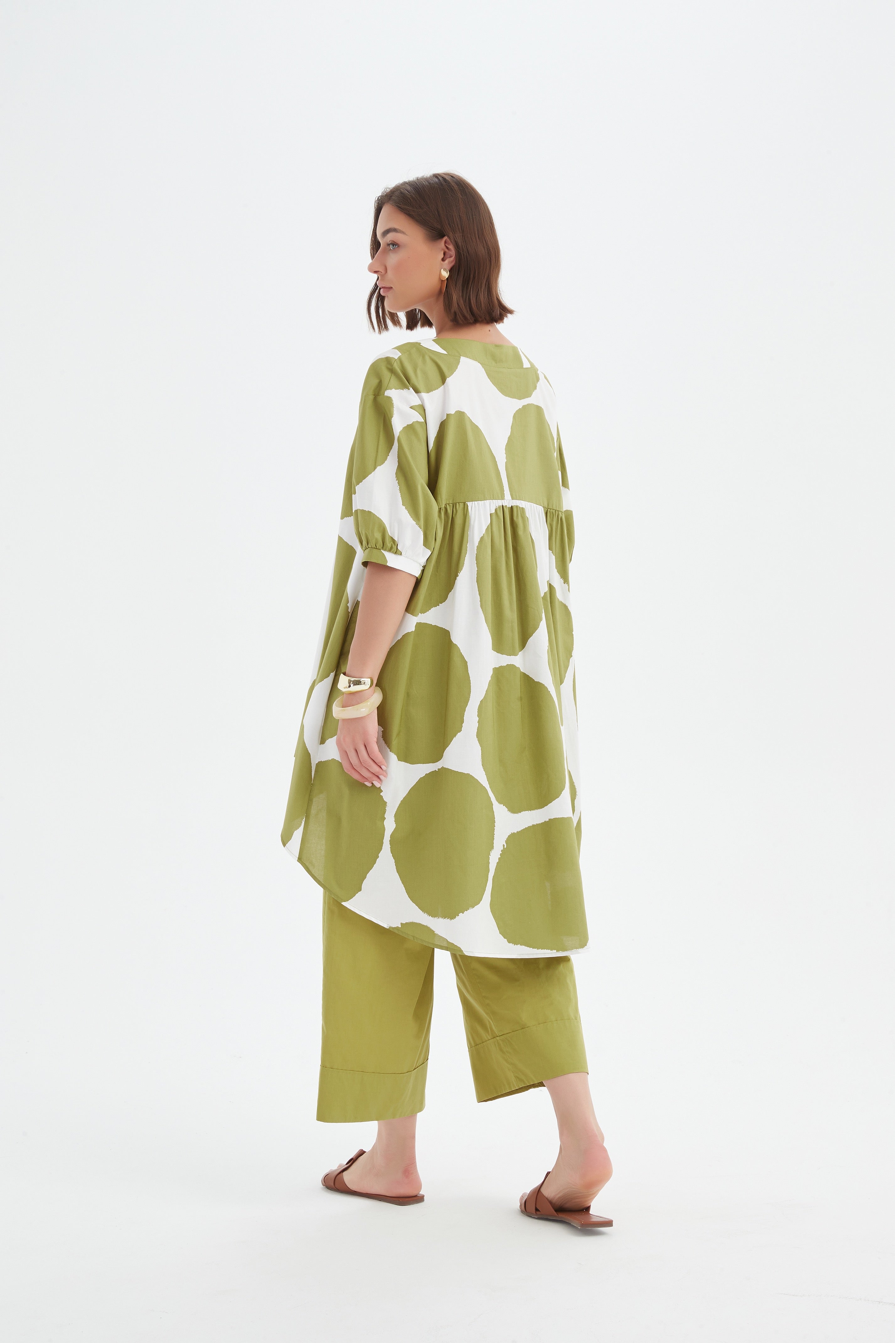 Pleat Front Print Tunic - Chartreuse/White Spot